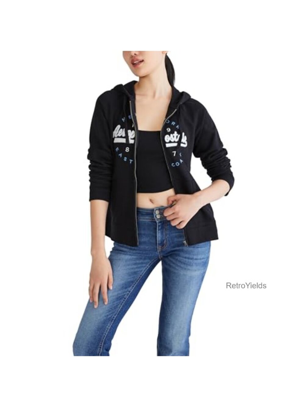 Aeropostale Full Zip Hoodie Fleece Felt Applique Relaxed Fit Active Sweatshirt